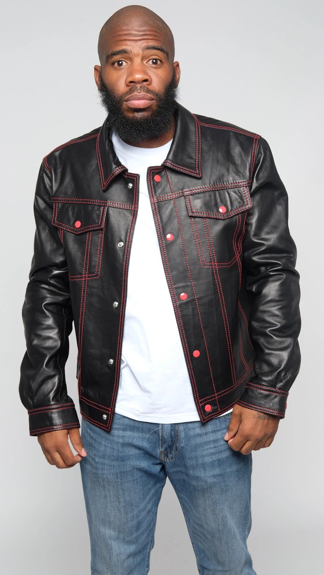 Jakewood 3600 Black/Red Genuine Lambskin Leather Denim Style Jacket