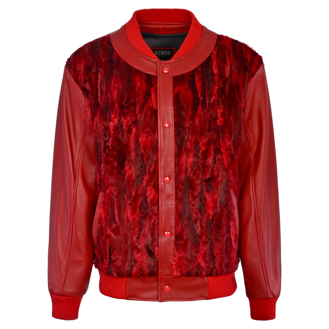 Jakewood 3443 Red Genuine Persian Lamb/Leather Baseball Bomber Jacket