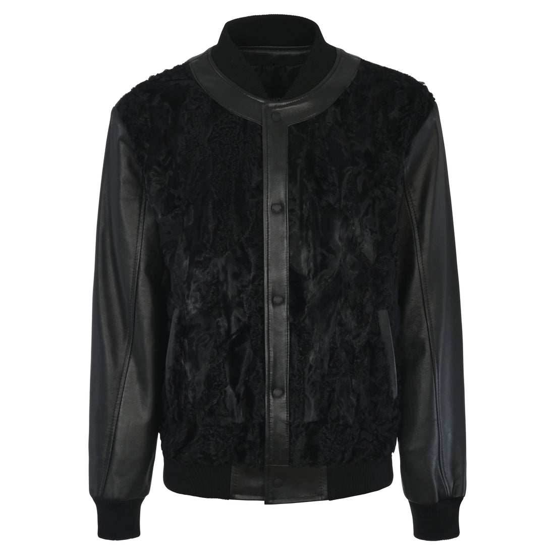 Jakewood 3443 Black Genuine Persian Lamb/Leather Baseball Bomber Jacket