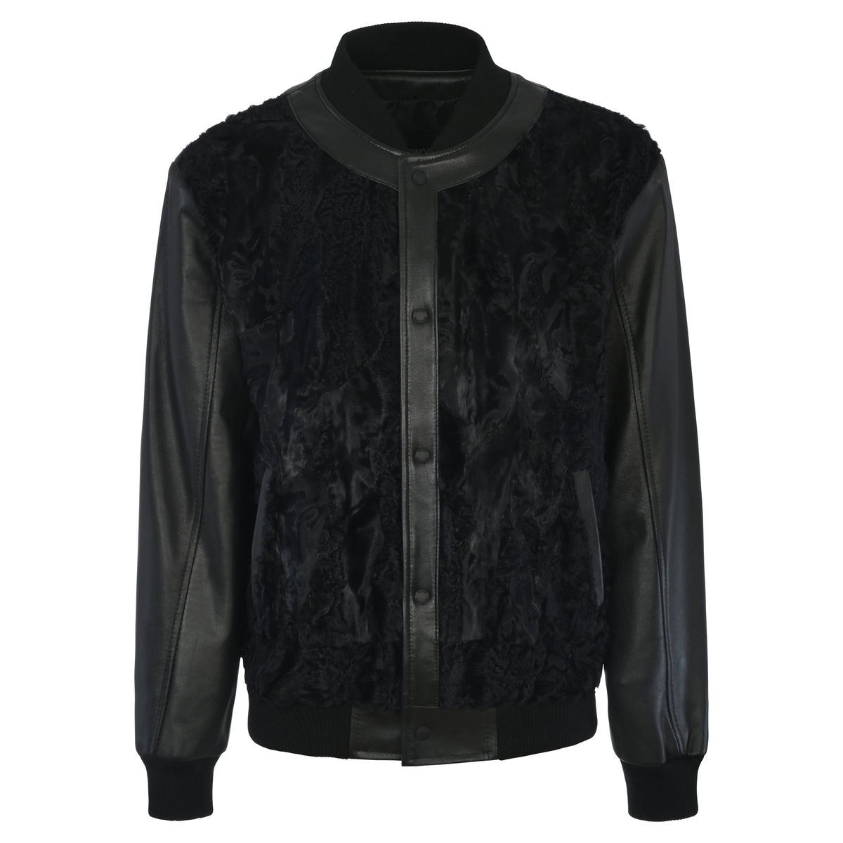 Jakewood 3443 Black Genuine Persian Lamb/Leather Baseball Bomber Jacket