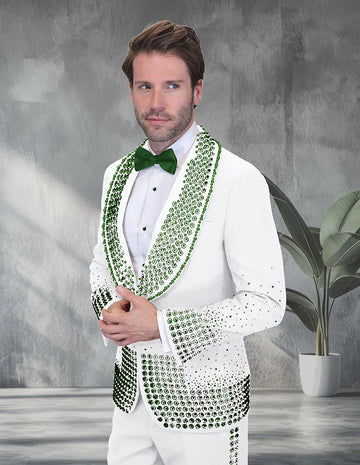 Statement Elegant White/Green Rhinestone Vested Tuxedo