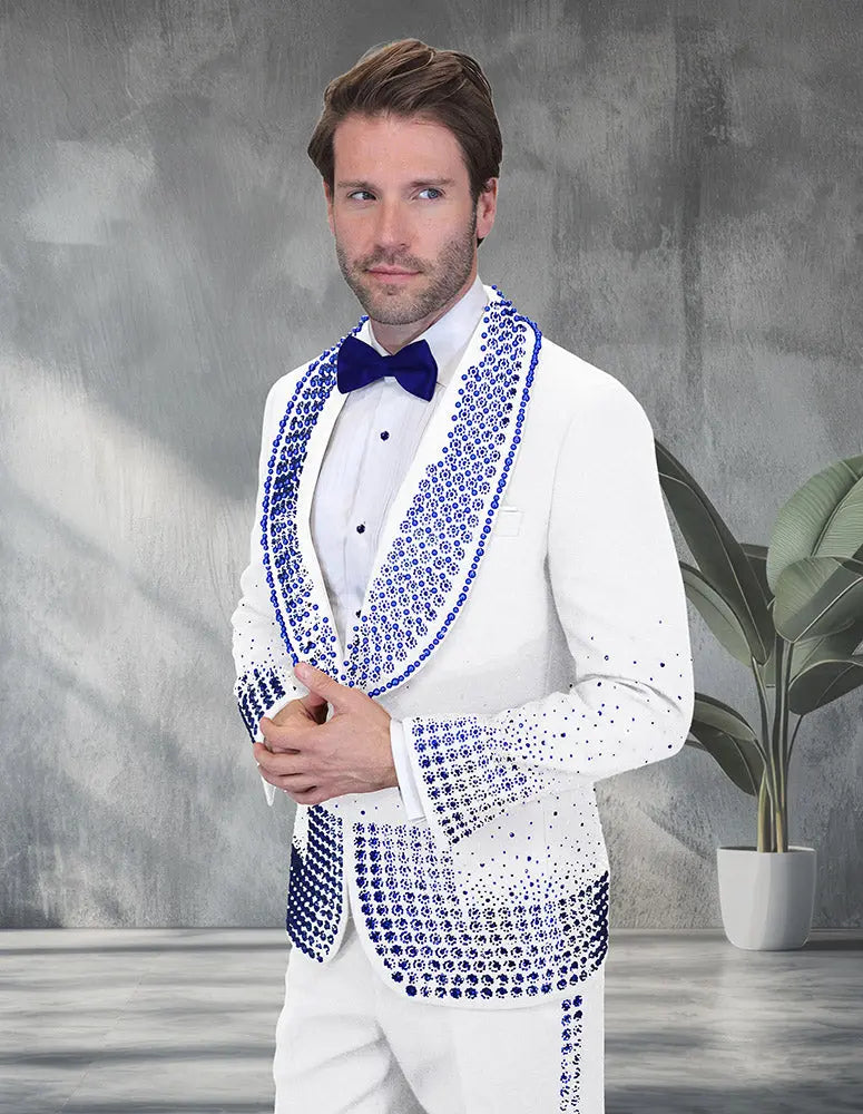 Statement Elegant White/Royal Rhinestone Vested Tuxedo