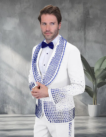 Statement Elegant White/Royal Rhinestone Vested Tuxedo