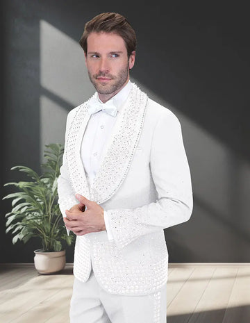 Statement Elegant White Rhinestone Vested Tuxedo