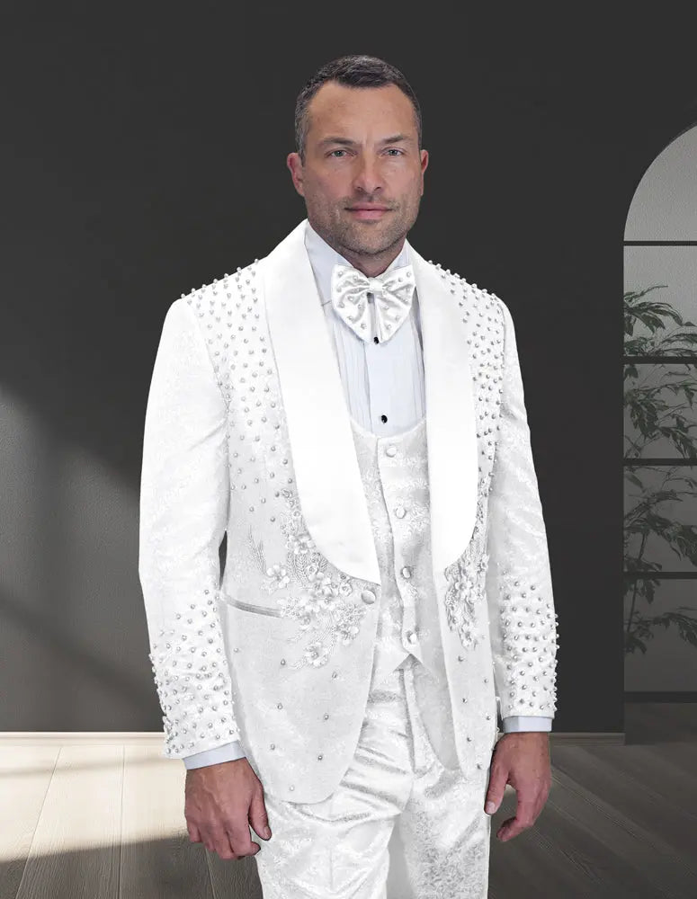 Statement Elio White Rhinestone Vested Tuxedo