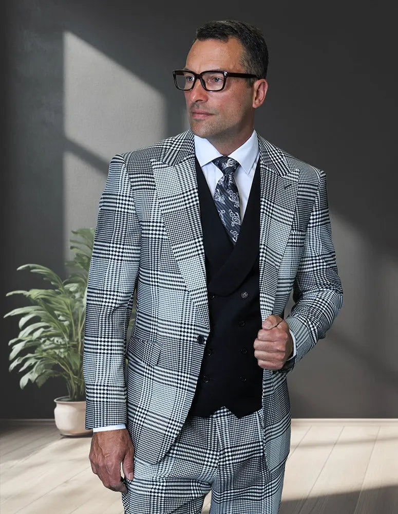 Statement Emilia Black Plaid Italian Wool Vested Suit