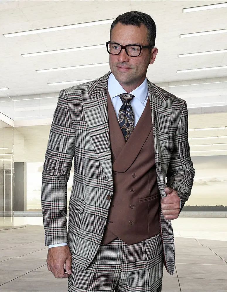Statement Emilia Tan Plaid Italian Wool Vested Suit