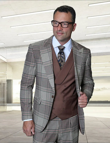 Statement Emilia Tan Plaid Italian Wool Vested Suit