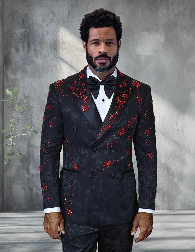 Statement Enzo Black/Red Rhinestone Vested Tuxedo