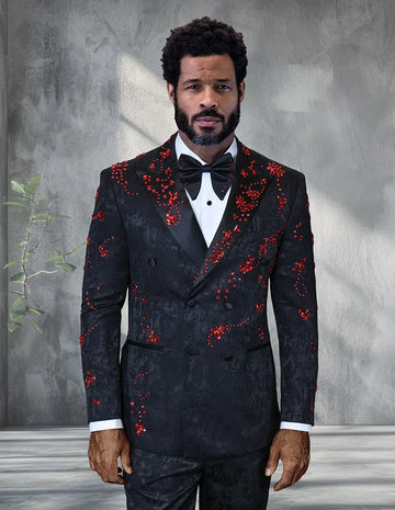 Statement Enzo Black/Red Rhinestone Vested Tuxedo