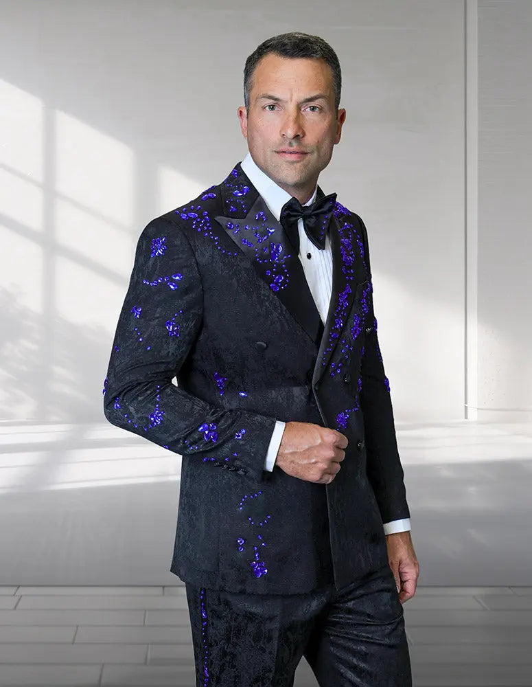 Statement Enzo Black/Royal Rhinestone Vested Tuxedo