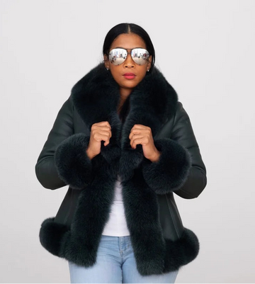 Jakewood 1086 Ladies Emerald Green Genuine Chrystal Fox Fur/Sheepskin Leather Jacket