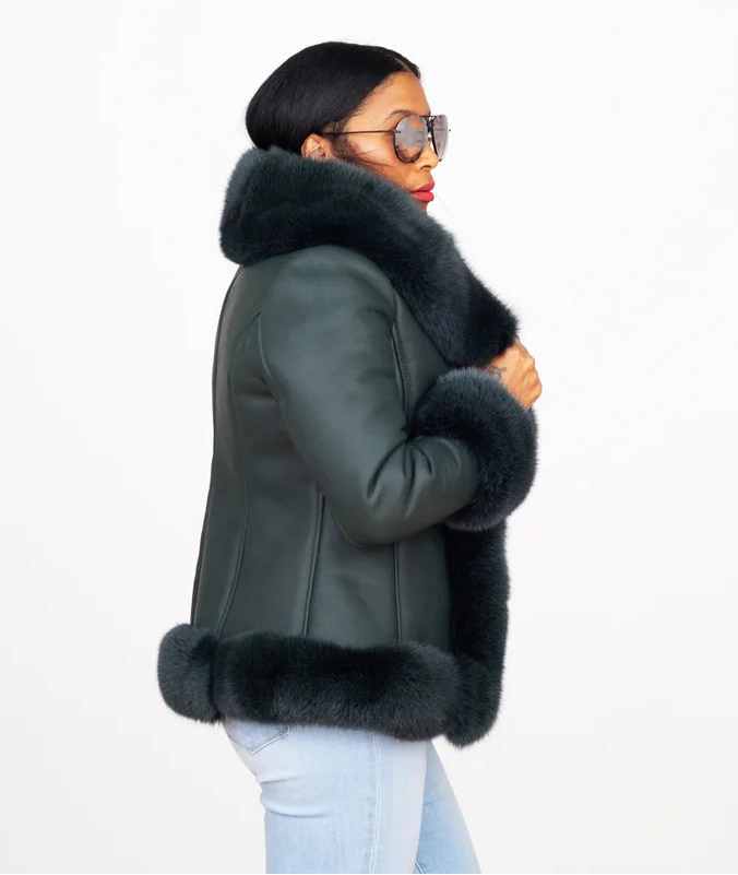 Jakewood 1086 Ladies Emerald Green Genuine Chrystal Fox Fur/Sheepskin Leather Jacket