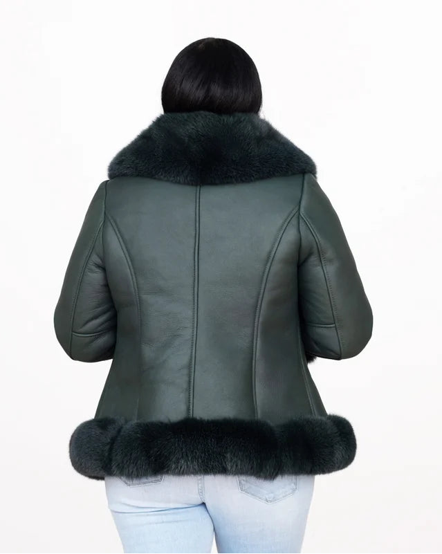 Jakewood 1086 Ladies Emerald Green Genuine Chrystal Fox Fur/Sheepskin Leather Jacket