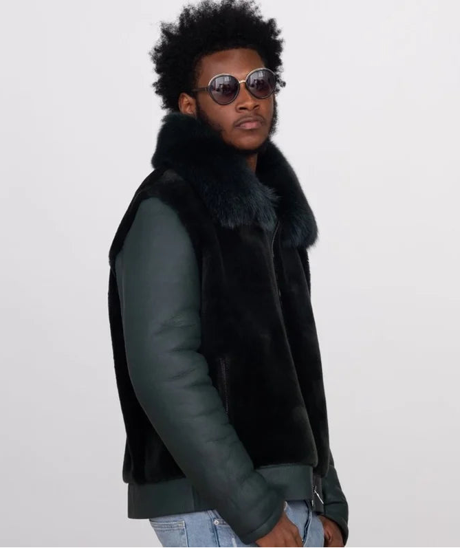 Jakewood 7020 Black Genuine Sheepskin/Fox Fur Collar Jacket