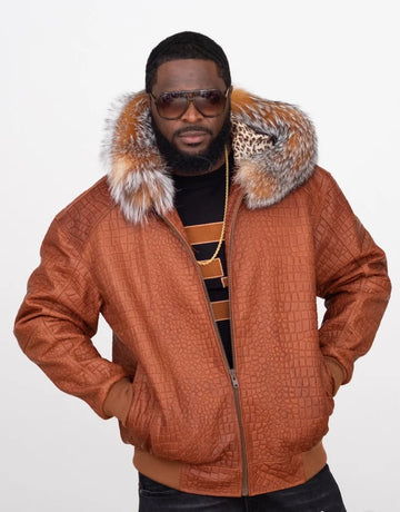 Jakewood 2266H Cognac Genuine Embossed Leather/Fox Fur Hood Bomber Jacket