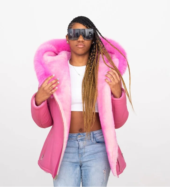 Jakewood 1069 Ladies Pink Genuine Fox Fur/Sheepskin Leather Jacket