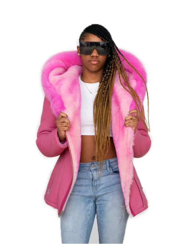 Jakewood 1069 Ladies Pink Genuine Fox Fur/Sheepskin Leather Jacket