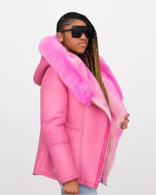 Jakewood 1069 Ladies Pink Genuine Fox Fur/Sheepskin Leather Jacket