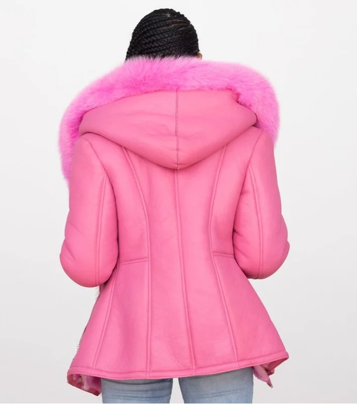 Jakewood 1069 Ladies Pink Genuine Fox Fur/Sheepskin Leather Jacket