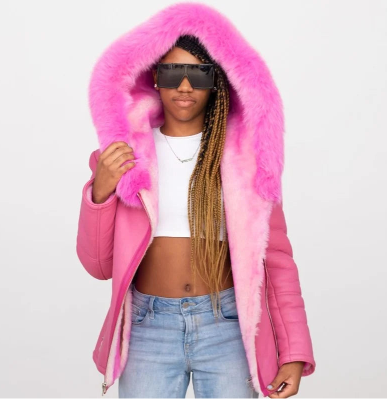 Jakewood 1069 Ladies Pink Genuine Fox Fur/Sheepskin Leather Jacket