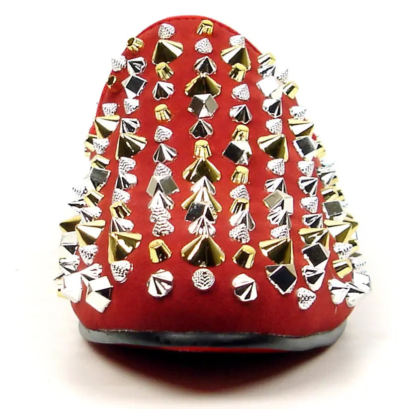 Fiesso FI-7436 Red Suede Silver/Gold Spikes Loafers