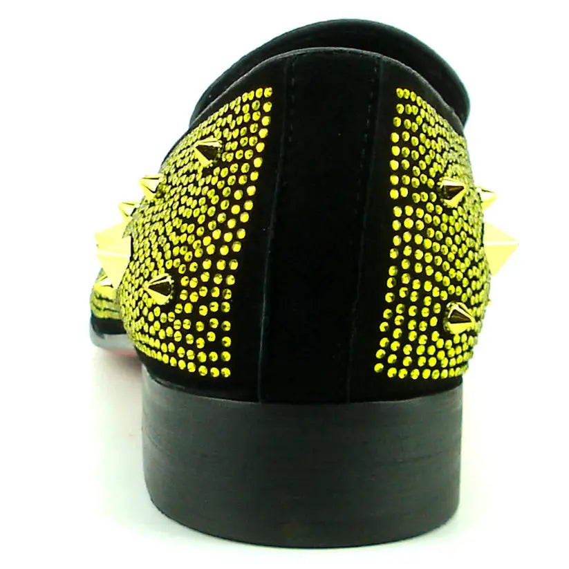 Fiesso FI-7364-R Black/Gold Suede Rhinestones Slip on Loafers