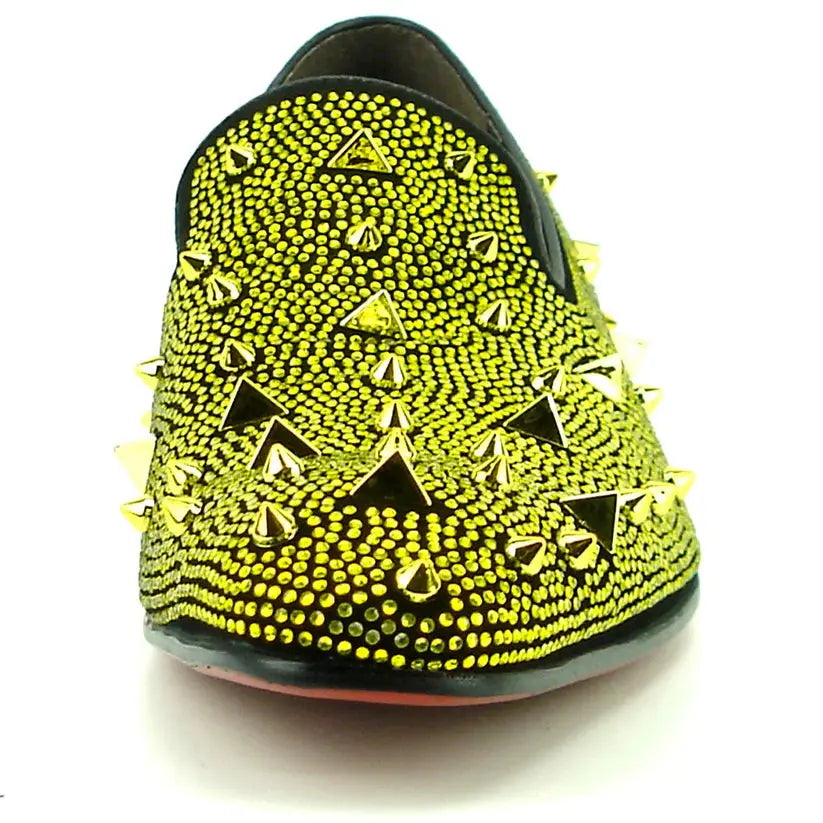 Fiesso FI-7364-R Black/Gold Suede Rhinestones Slip on Loafers