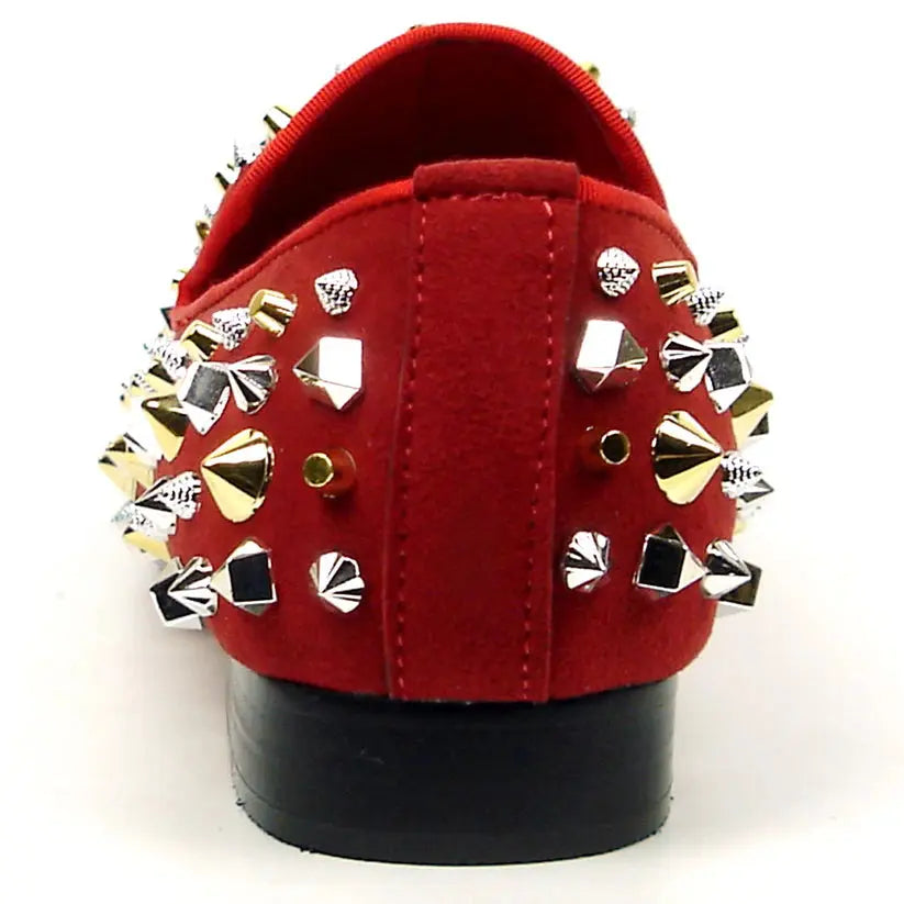 Fiesso FI-7436 Red Suede Silver/Gold Spikes Loafers