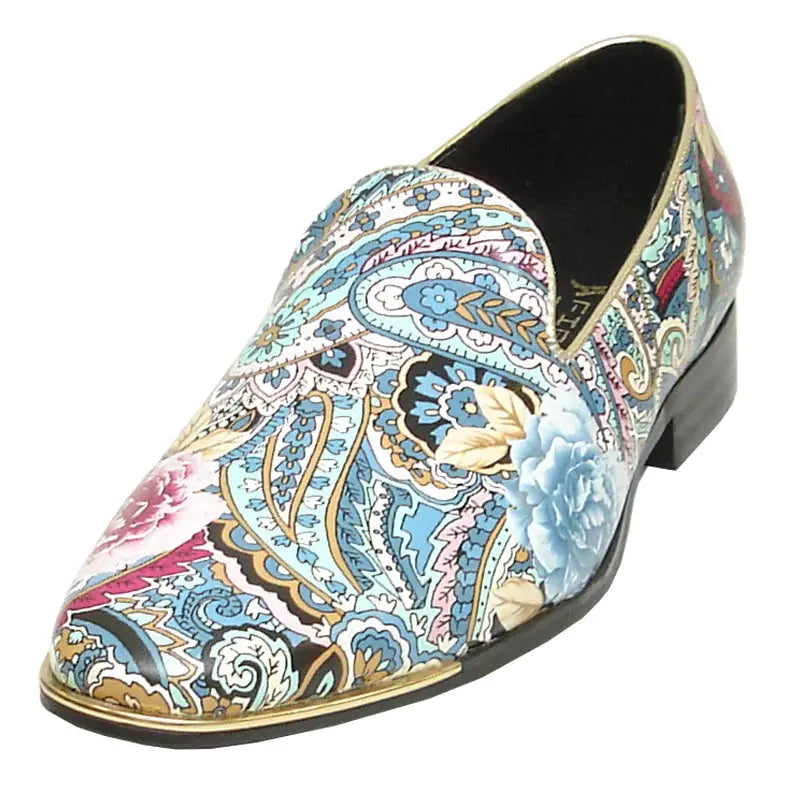Fiesso FI-6920 Blue Paisley Leather Slip On Loafers