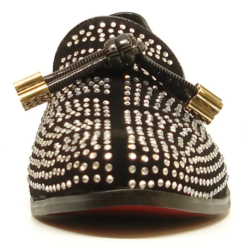 Fiesso FI-6958 Black/White Rhinestones Slip On Loafers