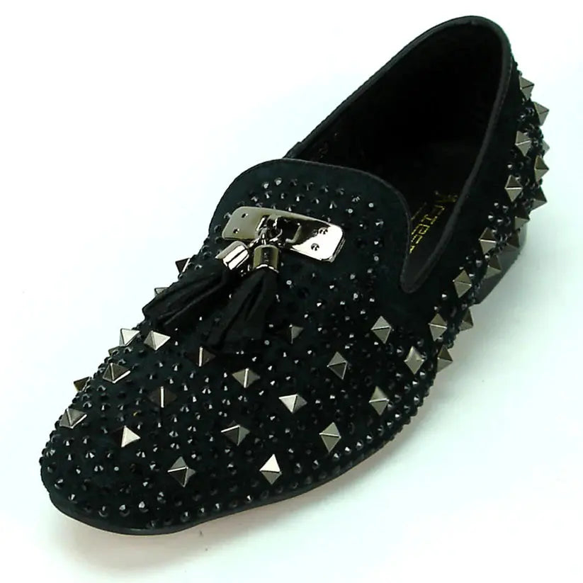 Fiesso FI-7005-2 Black Spiked Rhinestone Loafers