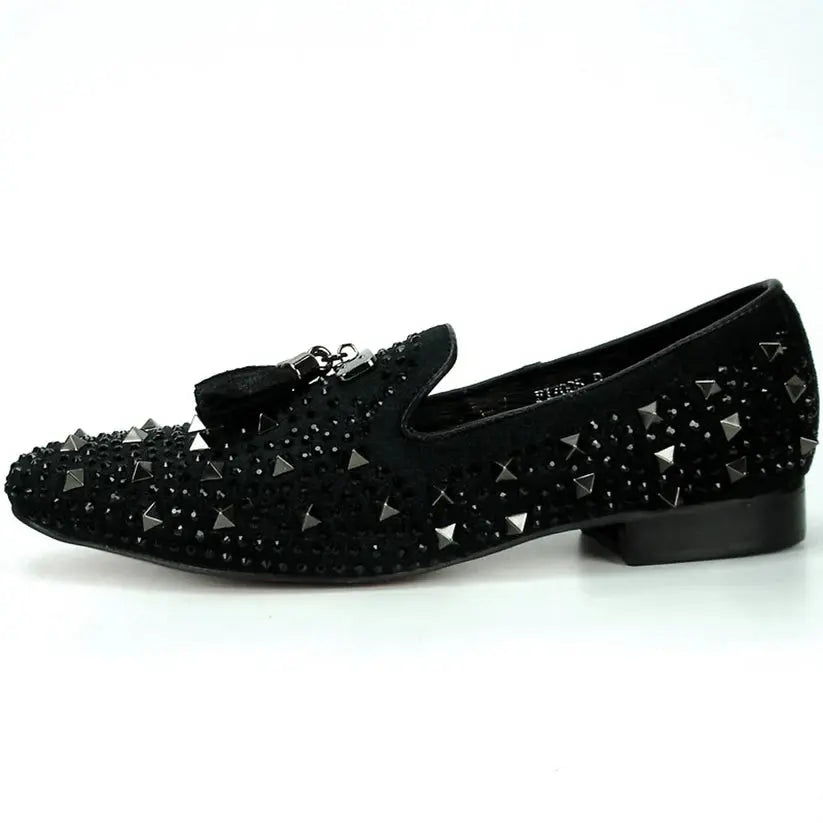 Fiesso FI-7005-2 Black Spiked Rhinestone Loafers