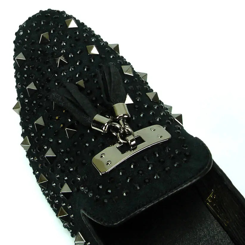 Fiesso FI-7005-2 Black Spiked Rhinestone Loafers