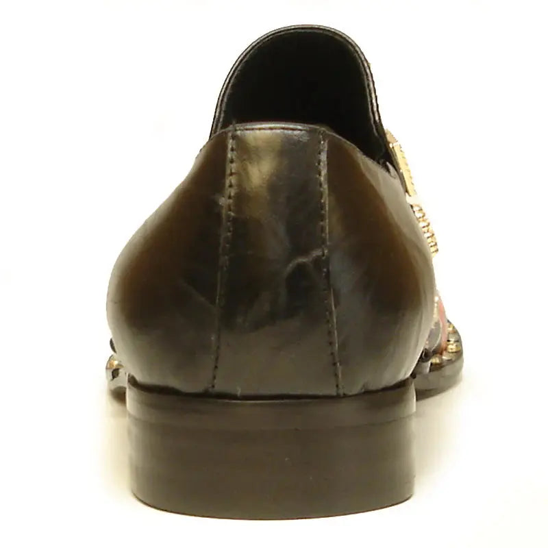Fiesso FI-7046 Black/Gold Leather Slip On Loafers