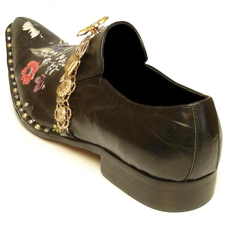 Fiesso FI-7046 Black/Gold Leather Slip On Loafers