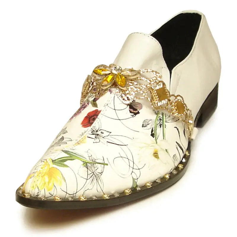Fiesso FI-7046 White/Gold Leather Slip On Loafers