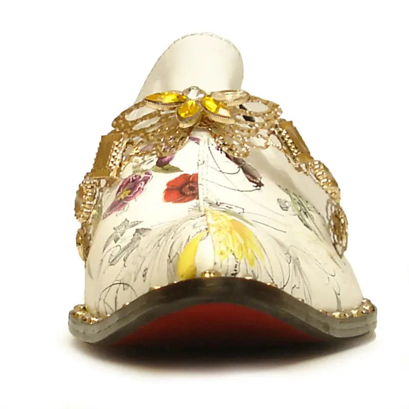 Fiesso FI-7046 White/Gold Leather Slip On Loafers