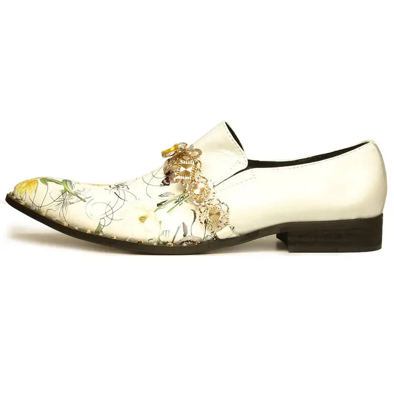 Fiesso FI-7046 White/Gold Leather Slip On Loafers