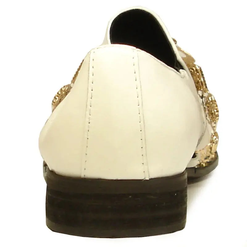 Fiesso FI-7046 White/Gold Leather Slip On Loafers