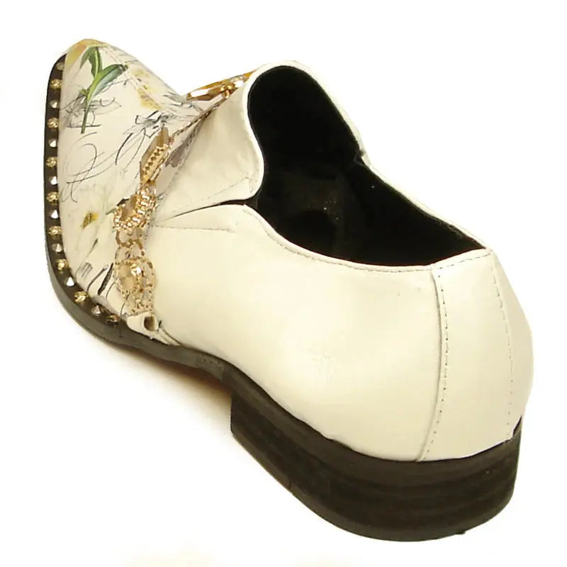 Fiesso FI-7046 White/Gold Leather Slip On Loafers