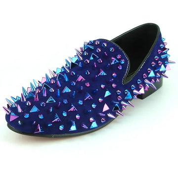 Fiesso FI-7239-S Navy Suede Multi Spikes Loafers