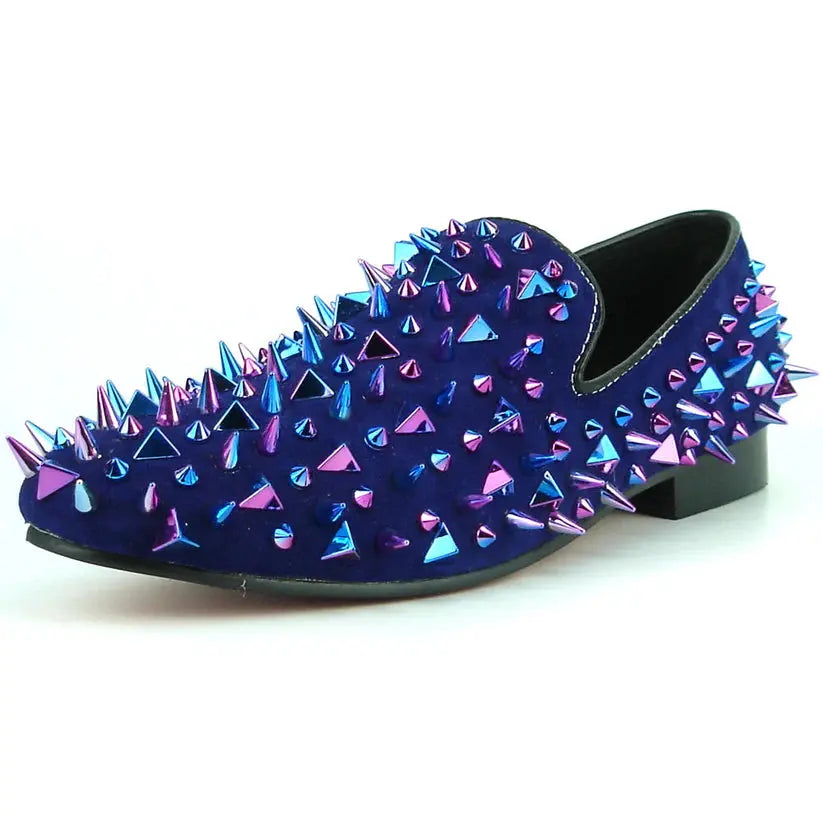 Fiesso FI-7239-S Navy Suede Multi Spikes Loafers