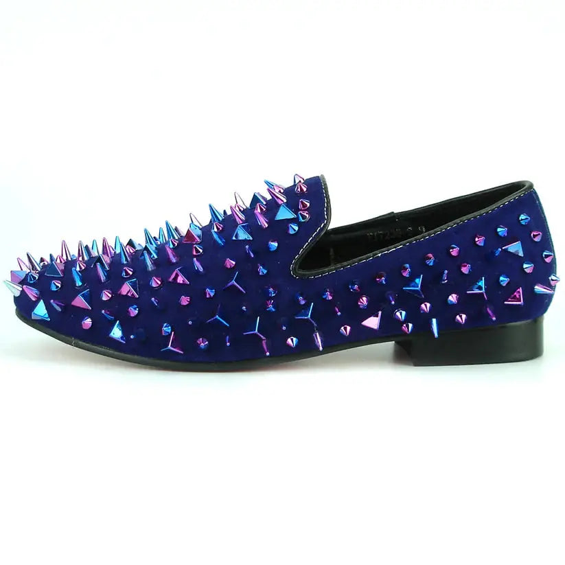 Fiesso FI-7239-S Navy Suede Multi Spikes Loafers