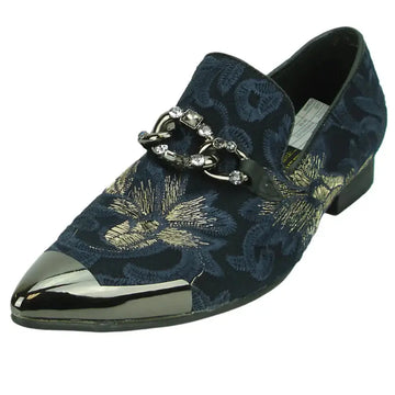 Fiesso FI-7253 Black/Blue Metal Tip Slip on Loafers