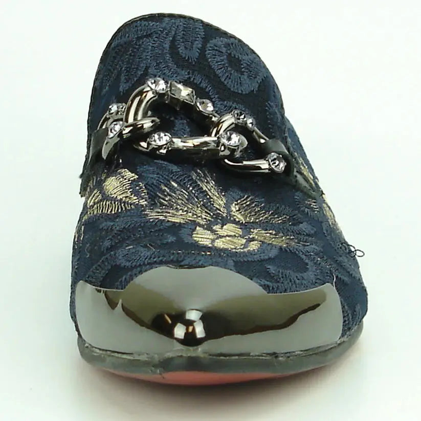Fiesso FI-7253 Black/Blue Metal Tip Slip on Loafers