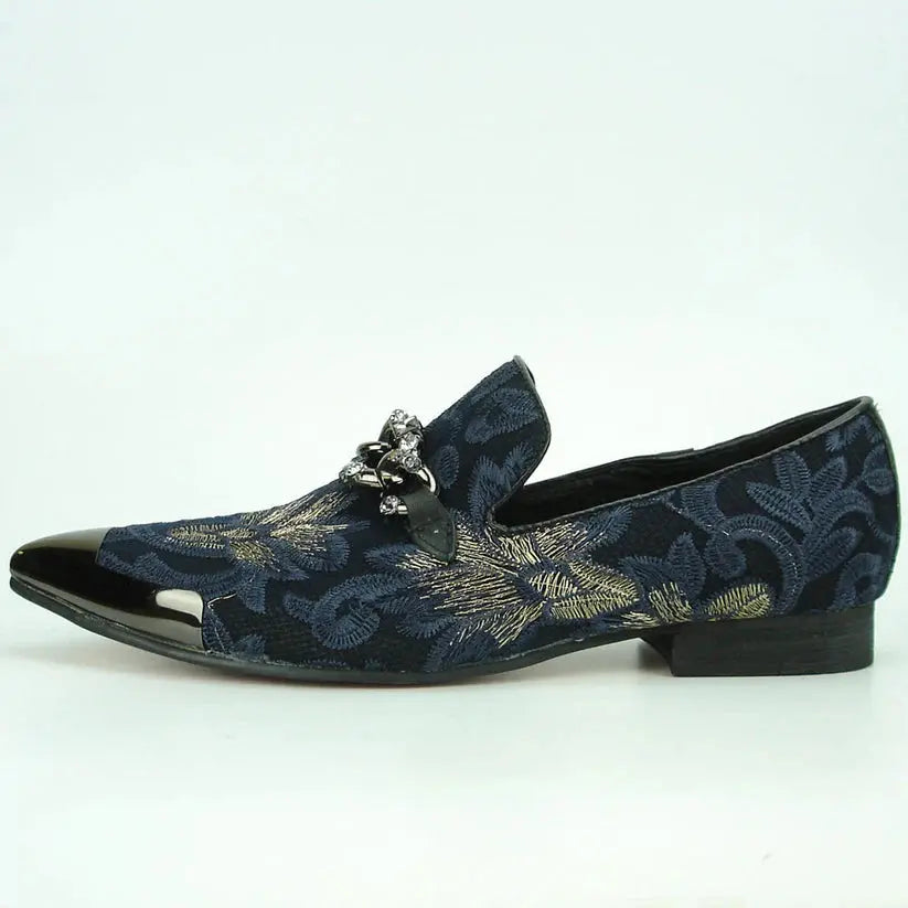 Fiesso FI-7253 Black/Blue Metal Tip Slip on Loafers