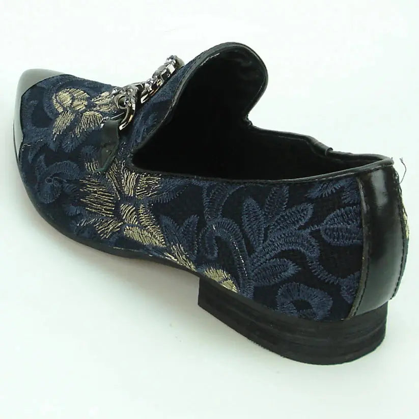 Fiesso FI-7253 Black/Blue Metal Tip Slip on Loafers
