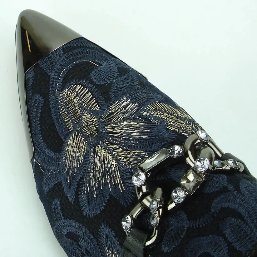 Fiesso FI-7253 Black/Blue Metal Tip Slip on Loafers