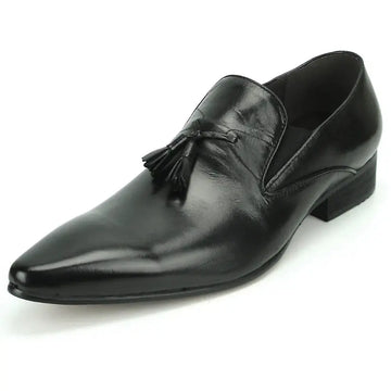 Fiesso FI-7287 Black Leather Tassel Slip On Loafers